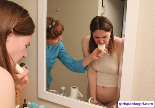 Alex Reynolds getting her mouth soaped out (Picture courtesy of girlspanksgirl.com)